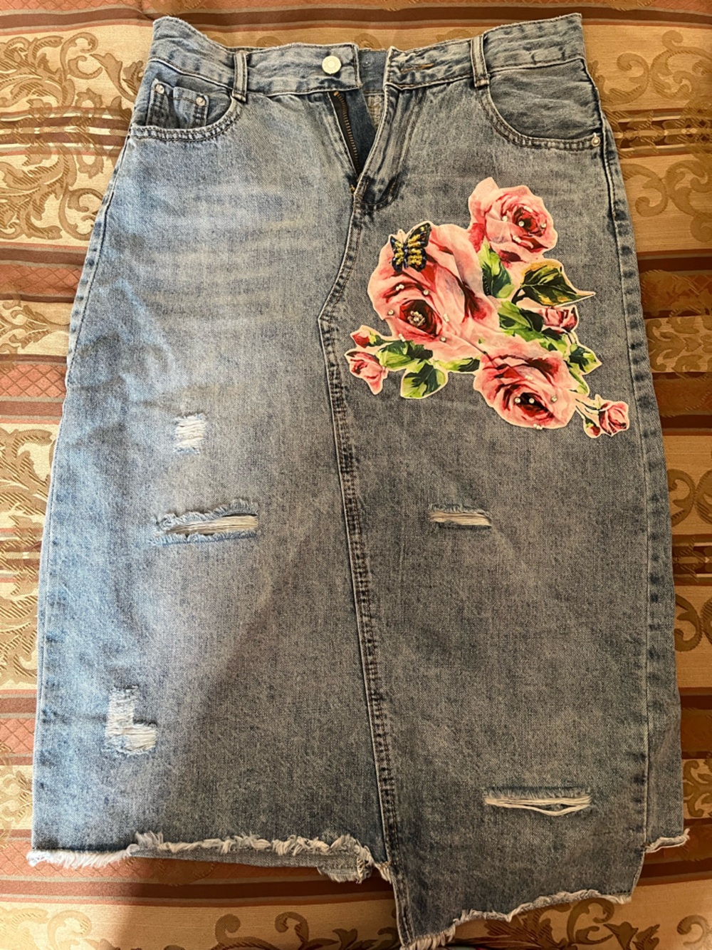 Denim Skirt with Pink Floral Applique